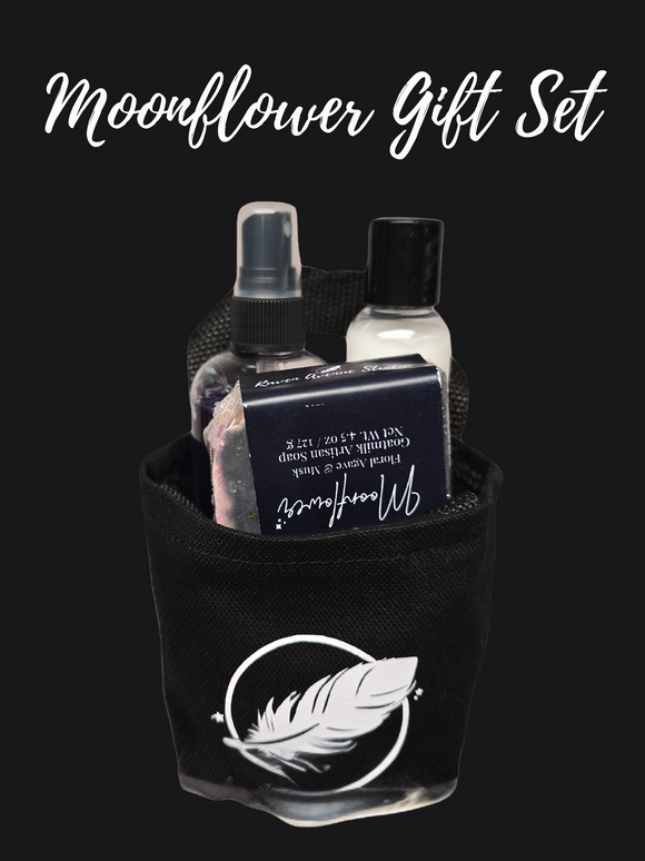 Moonflower artisan soap, lotion and body spray in a black canvas tote with logo.