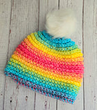 Pom Pom Beanie Hat in Rainbow color with white pom