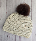 Pom Pom Beanie Hat in Cream Tweed with brown pom