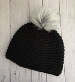 Pom Pom Beanie Hat in solid black with gray pom