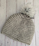 Pom Pom Beanie Hat solid grey with gray pom